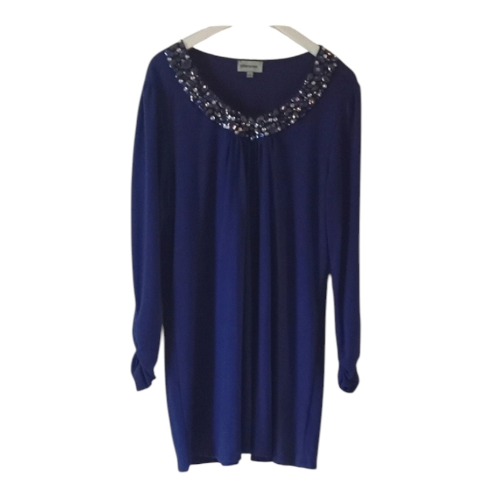 🔆 Blue Glitterscape Embellished Royal Blue Tunic Top - Size: L - Vintage